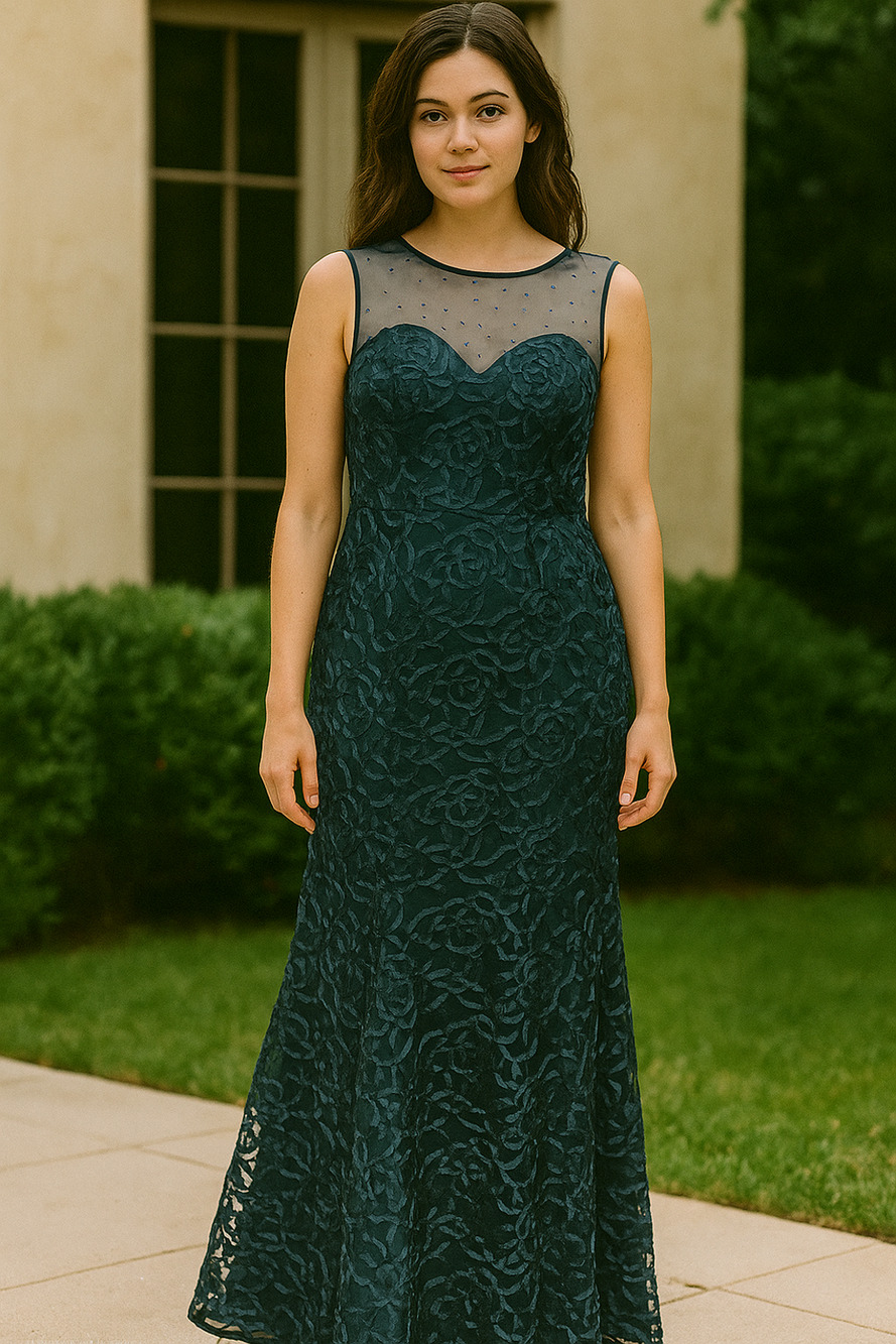 Blue Floral Embroidered Lace Illusion evening bridesmaid, Mermaid Gown Sz-12